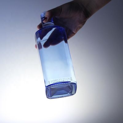 Acid Etch diseño personalizado Cuadrado 750ml Botellas de vidrio de color azul para vodka whisky único