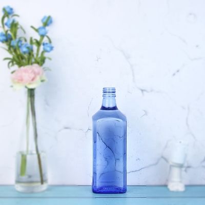 Acid Etch diseño personalizado Cuadrado 750ml Botellas de vidrio de color azul para vodka whisky único
