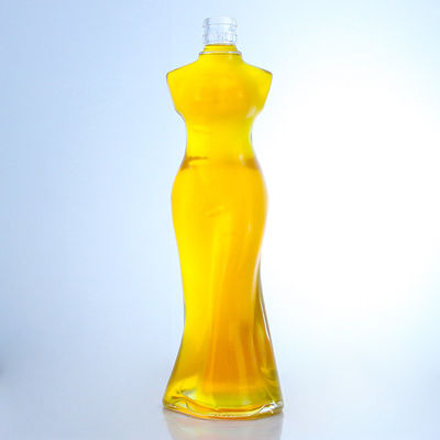 Botella de licor de vidrio de forma corporal de mujer para ginebra, ron, brandy y cuello Material de vidrio