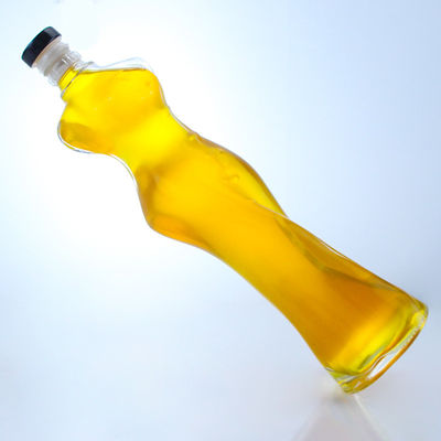 Botella de licor de vidrio de forma corporal de mujer para ginebra, ron, brandy y cuello Material de vidrio
