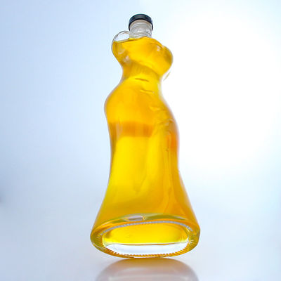 Botella de licor de vidrio de forma corporal de mujer para ginebra, ron, brandy y cuello Material de vidrio