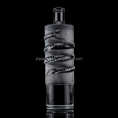 Botella de vidrio en relieve de lujo 750ml 1000ml Limpio Flint Gin Rum Champagne Tequila Botella de whisky con corcho